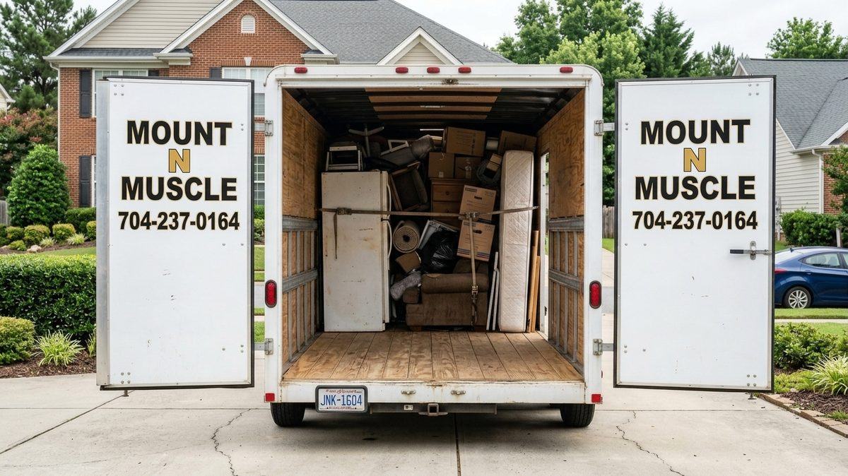 Mount N Muscle 16ft enclosed trailer half loaded from a Charlotte storage unit cleanout