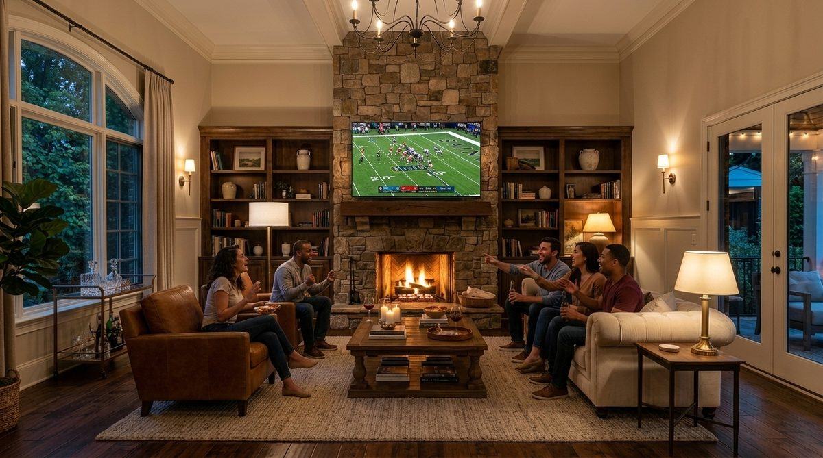 Friends watching the game after TV mounting above fireplace in Charlotte NC